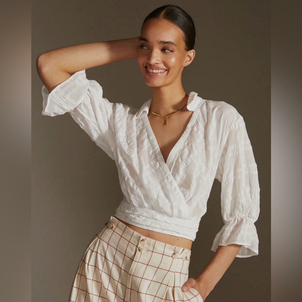 🆕 NWT Anthropologie - White Banded Surplus V-Neck Blouse - XSP